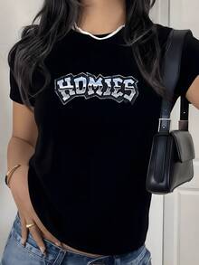 Street Style Homies Graphic Print T Shirt 220g 1pcs Urban Letter Women's Casual 100% Cotton Tee Vintage Hip Hop Look - 黑色 - 查看 8