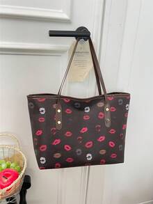 大容量通勤手提包，时尚印花单肩/腋下包，休闲个性ins风女式手提包 - 咖啡棕 - 查看 12