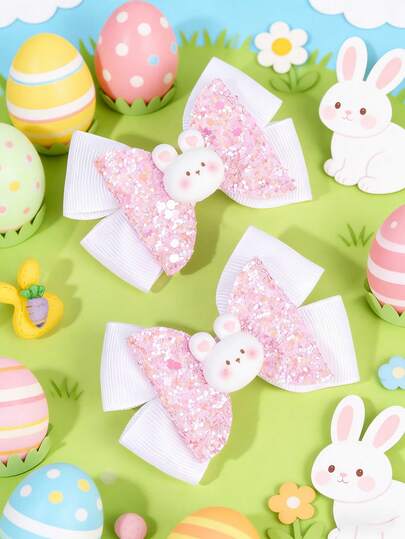 2个兔耳朵复活节发夹，粉白相间，闪亮亮片，可爱发饰，节日派对礼物