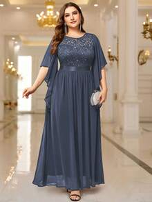 Elegant Butterfly Sleeve Sequin Lace Bodycon Formal Maxi Dress - Grey - View 1