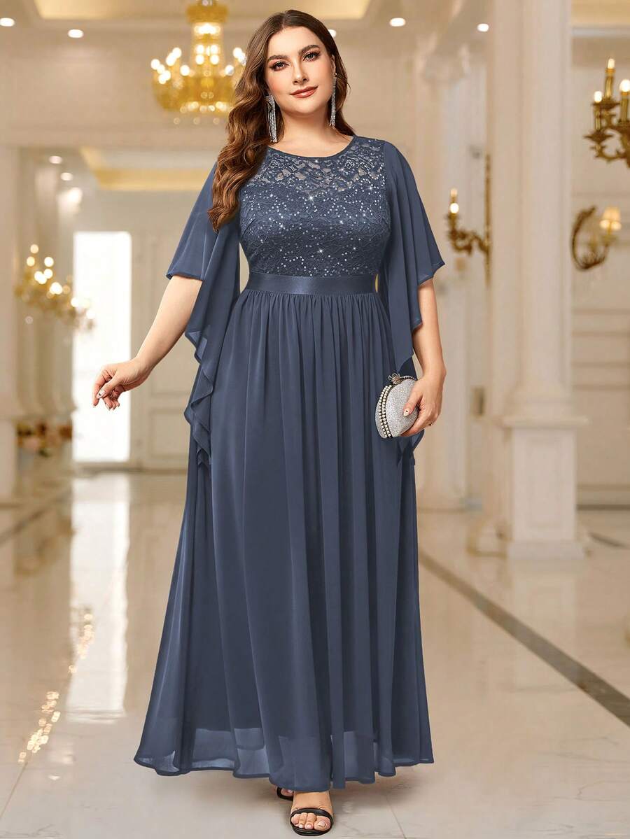 Elegant Butterfly Sleeve Sequin Lace Bodycon Formal Maxi Dress - Grey - View 1