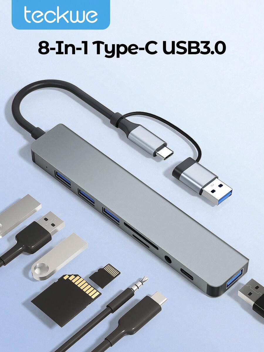 Teckwe USB 3.0 USB-C 集线器，带 SD 卡读卡器和音频插孔，8 合 1 USB 延长线分线器多端口转换器适配器，适用于 Air 及更多 PC/笔记本电脑/平板电脑设备 - 銀色 - 查看 1