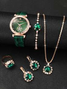 6件套绿色奢华石英表女式戒指项链耳环水钻时尚腕表休闲女士手链手表6件套 - 綠色 - 查看 1