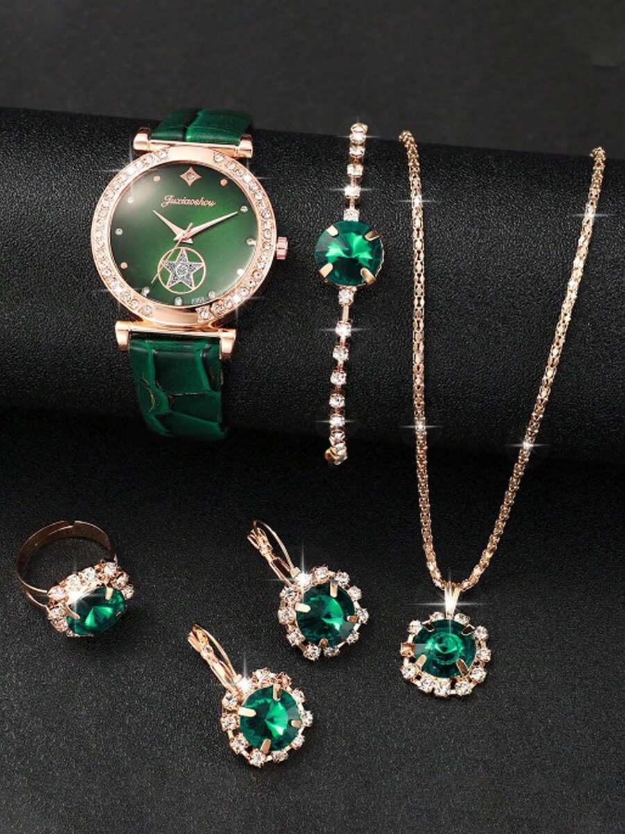 6件套绿色奢华石英表女式戒指项链耳环水钻时尚腕表休闲女士手链手表6件套 - 綠色 - 查看 1
