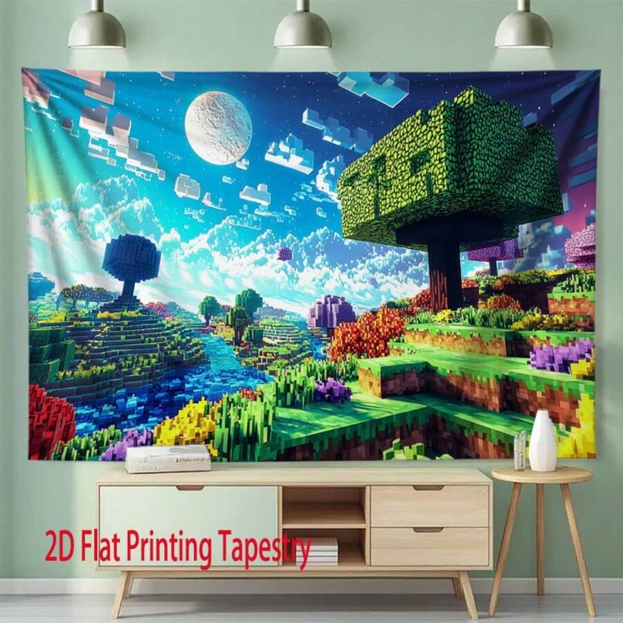 2D Flat, 2D Flat Print Tapestry, 1 Piece Pixel Landscape Fantasy World Tapestry, Bright Block Style Natural Scene Pattern Print Tapestry, Home Wall Decoration, Suitable For Living Room, Bedroom, Garden, Office, Studio Decoration, Gifts, Holiday Party Decoration Polyester Background Cloth, 2D Flat - 1PC - 查看 1