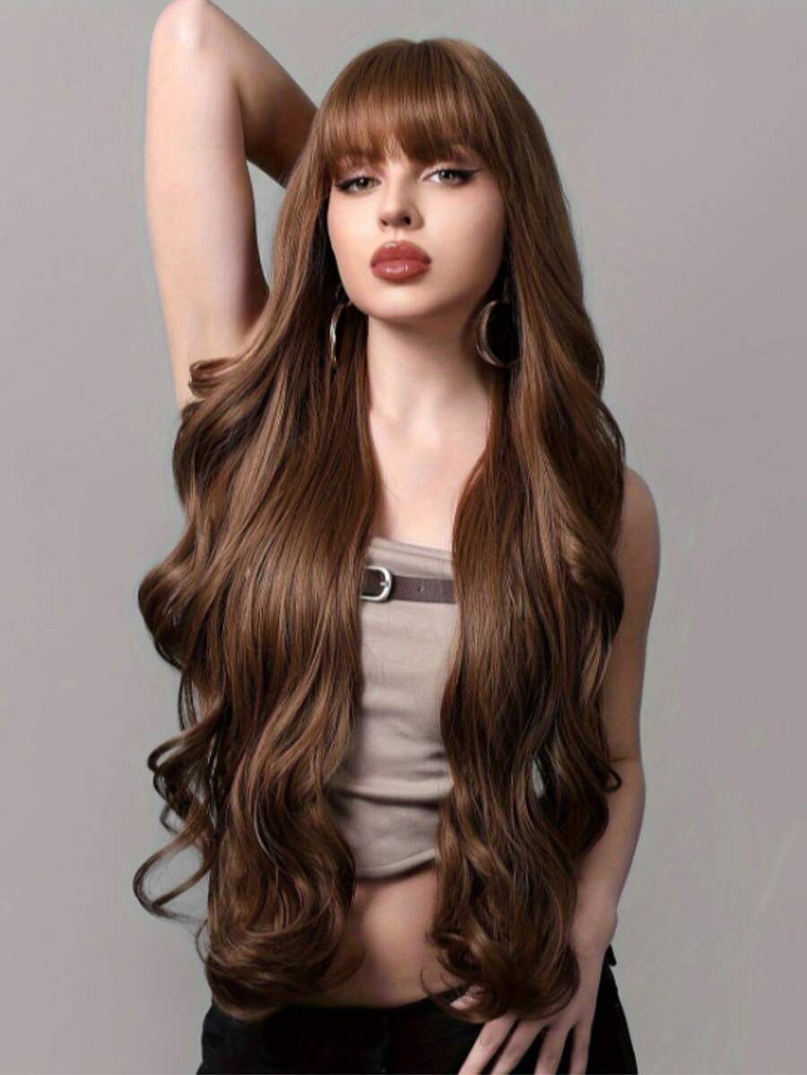 Peluca sintética de cabello largo y rizado con flequillo de 30 pulgadas con reflejos - Peluca resistente al calor de aspecto natural para uso diario, fiestas, citas y cosplay - Marrón - Ver 1