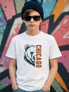 Tween Boys Bear Graphic Cotton Round Neck T-Shirt, Chicago Sports Fan Shirt, Game Day Tee, White Tee With Bear And Chicago Text, Regular Length, Bold Art Print Tops, Unisex Football Shirt, Retro Bear Mascot T-Shirt: Chicago Football Fan Gift, Vintage.Breathable Cotton Tee For Boys & Girls.3T-13T - trắng - Xem 1