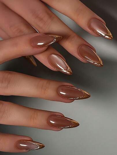 Sanrio 24pcs Medium Almond Shaped Full Cover False Nails - Vintage Elegant Classic Burgundy, With Modern Minimalist Style, 3D Metallic Champagne Gold Line Graffiti Pattern, Shiny Cat Eye And High Gloss Finish, Paired With Champagne Gold French Tips. Create A Sophisticated And Refined Look, Suitable For Autumn/Winter Commute, Afternoon Tea, Party Gatherings.