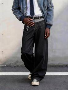 1件男士复古个性双腰设计宽松阔腿牛仔裤，街头风哥特式宽松阔腿牛仔裤（不含腰带和配饰） - 黑色 - 查看 4