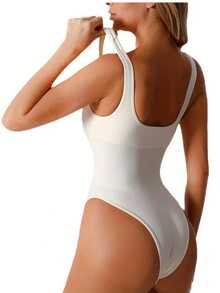 Women's Cream White Ribbed Sports Bodysuit With Removable Pads – High-Stretch One-Piece Base Layer Top For Yoga, Fitness & Everyday Wear - 乳白色 - 查看 3