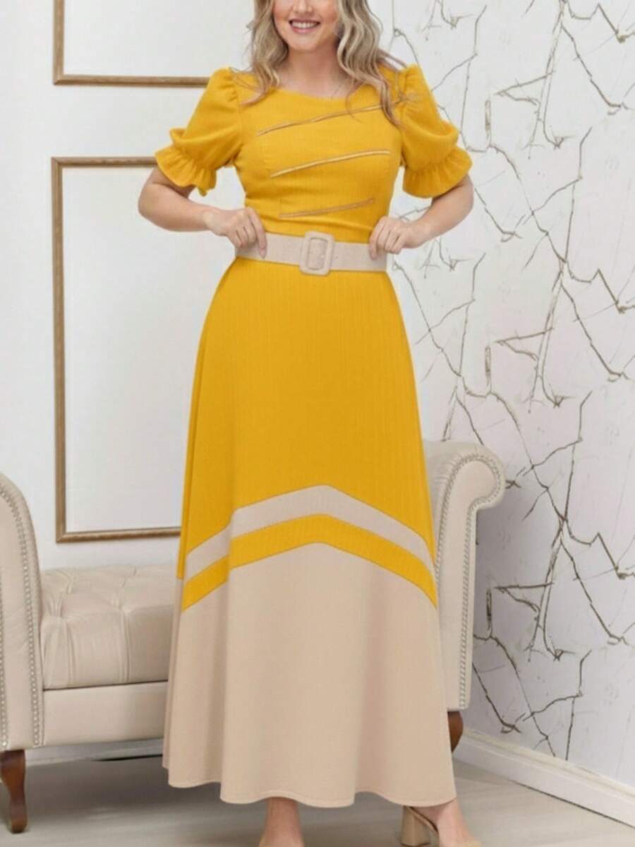 Cod21. Long Dress With Belt, With Sleeves, Modest Fashion. - 黃色 - 查看 1
