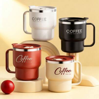 1pc 400ML 304 Stainless Steel Coffee Mug With Lid & Handle, Double-Layer Thermal Insulated Water Cup, Portable Large Capacity Drinking Cup, Reusable Cold And Heat-Resistant Drinking Cup Drinkware, Anti Scald & Leak-Proof Tea Milk Coffee Cup, Suitable For Students And Adults Use In Home, School, Dorm, Office, Outdoor Camping, Picnic,Travel, Bakc To School