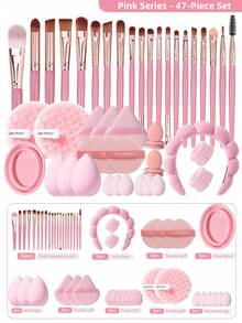 47件套化妆工具套装，包含：20支化妆刷套装+1个发带+2个手碗带+3个气垫粉扑+1个化妆刷清洁工具+3个化妆海绵+3个三角粉扑+6个气垫粉扑+2个洁面海绵+6个迷你化妆海绵，一应俱全，新手友好 | 方便旅行携带，送礼佳品 | 新手/女性的完美之选 - 橘色 - 查看 12