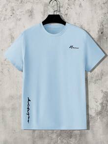 男士休闲字母印花短袖T恤，夏季 - 淺藍色 - 查看 1