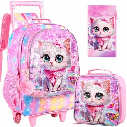 3PCS Rolling Backpack For Girls, Kids Cat Roller Wheels School Bookbag With Lunch Bag, Wheeled School Bag For Toddler Elementary Children
