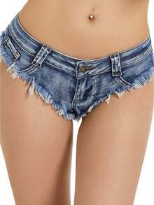 Women's Low Rise Mini Denim Shorts Hot Pants Booty Ripped Jeans Y2K Summer Beach Party Clubwear - Màu xanh lam - Xem 2