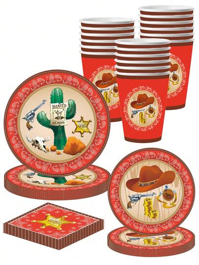 10 PIEZAS Decoraciones de fiesta de vaquero para niños Suministros para fiesta de cumpleaños del Oeste Salvaje Platos de papel y servilletas con temática de vaquero Vasos, cuchillos, juego de vajilla para 10 invitados