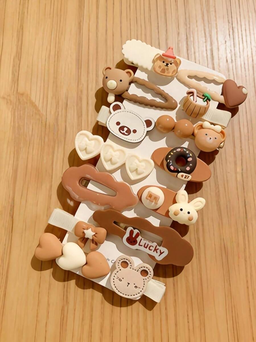 14pcs Warm-Toned Bear Design Hair Clips, Suitable For Daily Commute, Home And Other Occasions - Multicolor - View 1