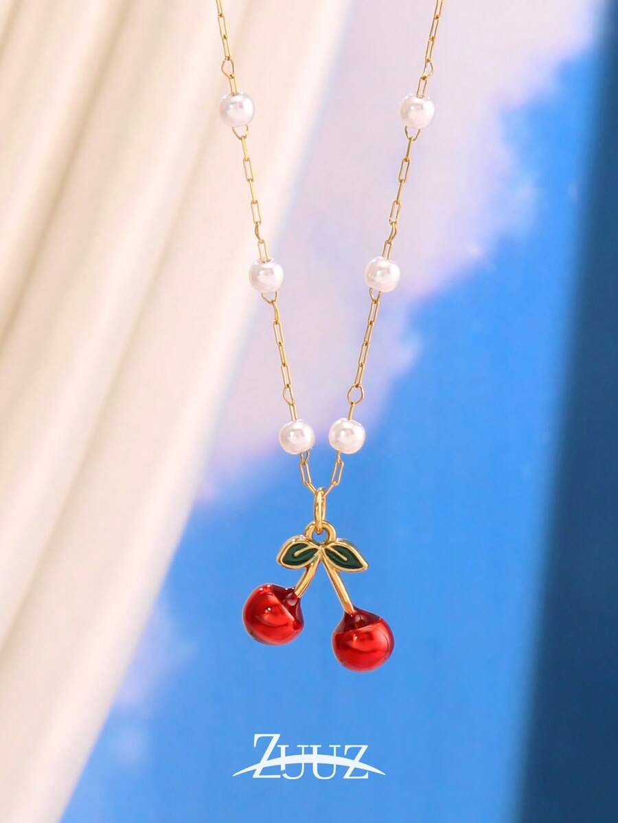 1pc Fashion Stainless Steel Cherry Charm Pearl Chain Necklace For Women Choker Necklaces Female Jewelry Best Friends Gifts - necklace - View 1