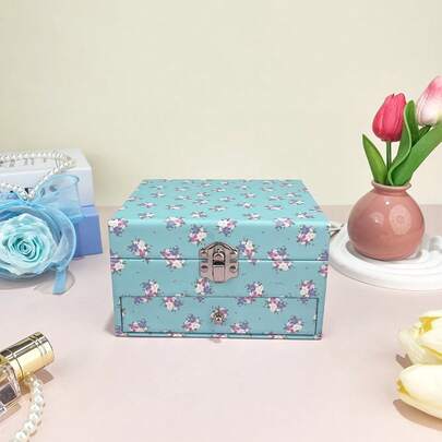 1pc Blue & White Floral Design Music Box With Drawer, Paper Material For Storing Jewelry, Toys, Stationery, Bedroom/Living Room Decor, Great Gift For Valentine's Day, Birthday, Wedding, Party