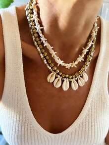 1/3pcs Fashionable Bohemian Beach Ocean Series Pearl Seashell Starfish Beaded Necklace Set, Women Everyday & Holiday Accessory - Multicolor - View 1