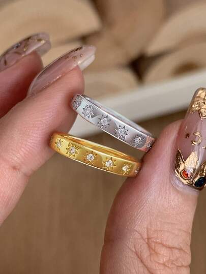 Newsoul 1枚复古星形锆石戒指，925纯银戒指，送给女孩的礼物，适合日常佩戴和派对装饰