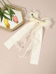 1pc Women's Lace Ribbon Big Bow Elastic Hair Clip, Suitable For Daily Wear - White - View 2