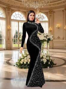 Elegant Black Fitted Long Sleeve Women's Evening Dress, Round Neck Design, Embedded Sparkling Rhinestones Vacation Wedding Party Fall - Black - View 1