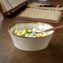 1个不对称沙拉碗，陶瓷开口蔬菜碗，个性化餐厅复古拉面碗，7英寸 - 卡其 - 查看 3
