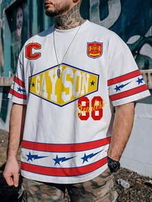 男士圆领T恤，运动街头风学院风图案T恤 - 白色 - 查看 1