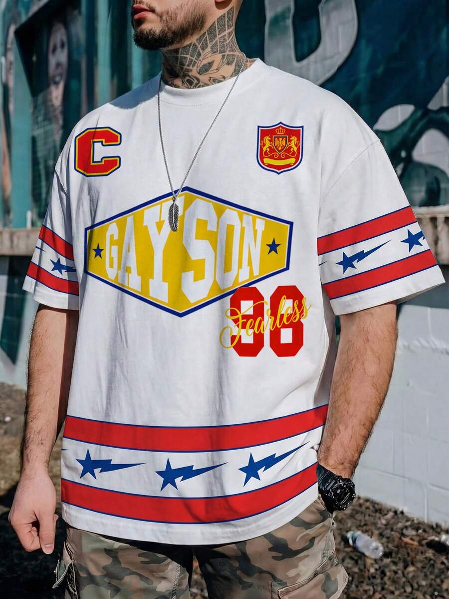 男士圆领T恤，运动街头风学院风图案T恤 - 白色 - 查看 1