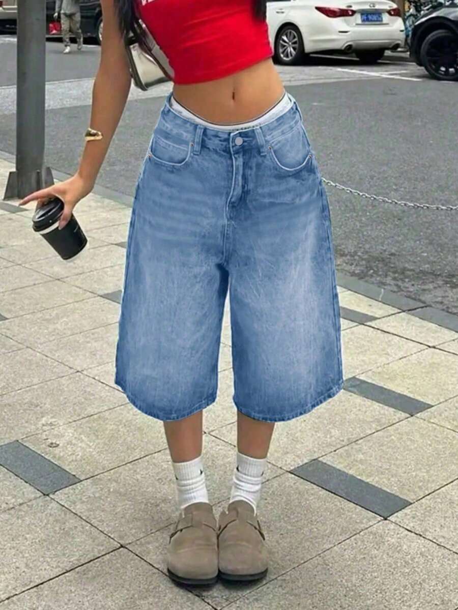 NVFelix Women's Loose Straight Leg Denim Shorts, Vintage Wash, Elegant & Fashionable, Y2K Streetwear Style, Blue, Perfect For Summer And Valentine's Day, New Arrival - Blue - View 1