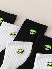 1/3/4/6 双装卡通外星人印花袜子，男女通用休闲中筒运动袜，百搭黑色长袜，春秋季 - 彩色 - 查看 3