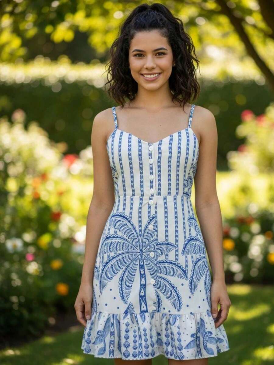 Short, Flowy Tropical Dress For The Beach, Carnival, And Travel, With Adjustable Straps. - 白色條紋藍色 - 查看 1