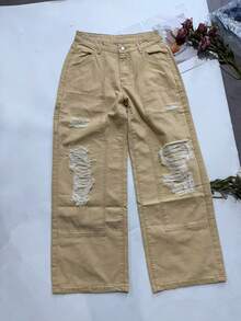 休闲女式超长直筒牛仔裤，破洞细节设计，无弹力面料，适合日常穿着 - 卡其色 - 查看 7