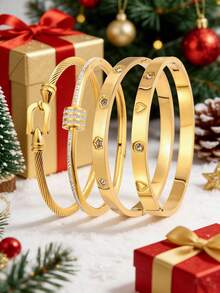 4件套金色首饰套装，时尚优雅的不锈钢手镯，适合温馨约会、热闹派对、日常通勤，也是一份贴心的情人节礼物。手镯表面光滑，兼具耐用性和优雅美感，是休闲外出到正式场合的百搭配饰。 - 金色 - 查看 3