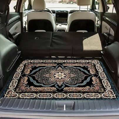 1件水晶绒汽车后备箱垫 - 波西米亚风格图案，时尚简约设计，可水洗，防滑，耐用，多功能垫，保持汽车内部整洁有序。