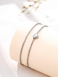 Tkool 2pcs Stainless Steel Heart Beaded Anklet Set, Everyday Wear - Silver - View 6