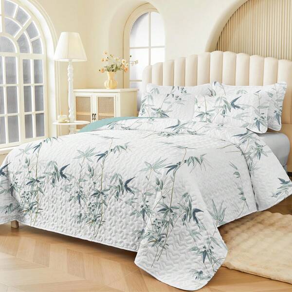 2/3pcs Bamboo Bedspread Set (Bedspread*1, Pillowcase*1/2, Pillow Insert Not Included), Fashion Printed Design, Elegant, Breathable & Comfortable, Soft, Suitable For Bedroom, Hotel, Guest Room, Bedding Set, All Season