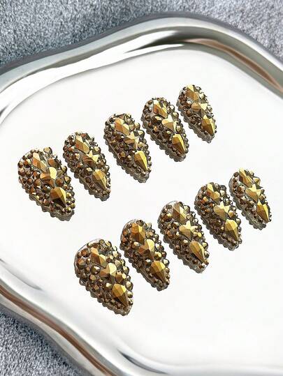 Y2K Almond-Shaped Handmade Nail Stickers, With Transparent Nail Tips, Inlaid With Golden Rhinestones And 3D Shiny Design, Full Coverage DIY Glitter Artificial Nails, Suitable For Party, Outdoor, Beach, Daily, Holiday, Gathering, Work And Special Occasions, 10pcs/Pack