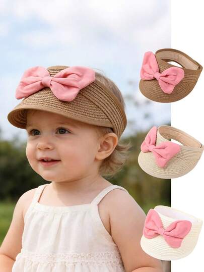 1pc Unisex Baby Toddler Bow Decor Straw Sun Hat, Summer UV Protection Sunhat