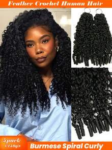 5Packs/250g 3rd-Generation Burmese Curly With Coily End Crochet Feather Human Extension Crochet Hair Real Human Hair Micro Pre Looped Boho Burmese Spiral Curly Crochet Human Hair Extension Feather Line Seamless Invisible For Thin Hair Woman Daily Use - Natural Black - View 1