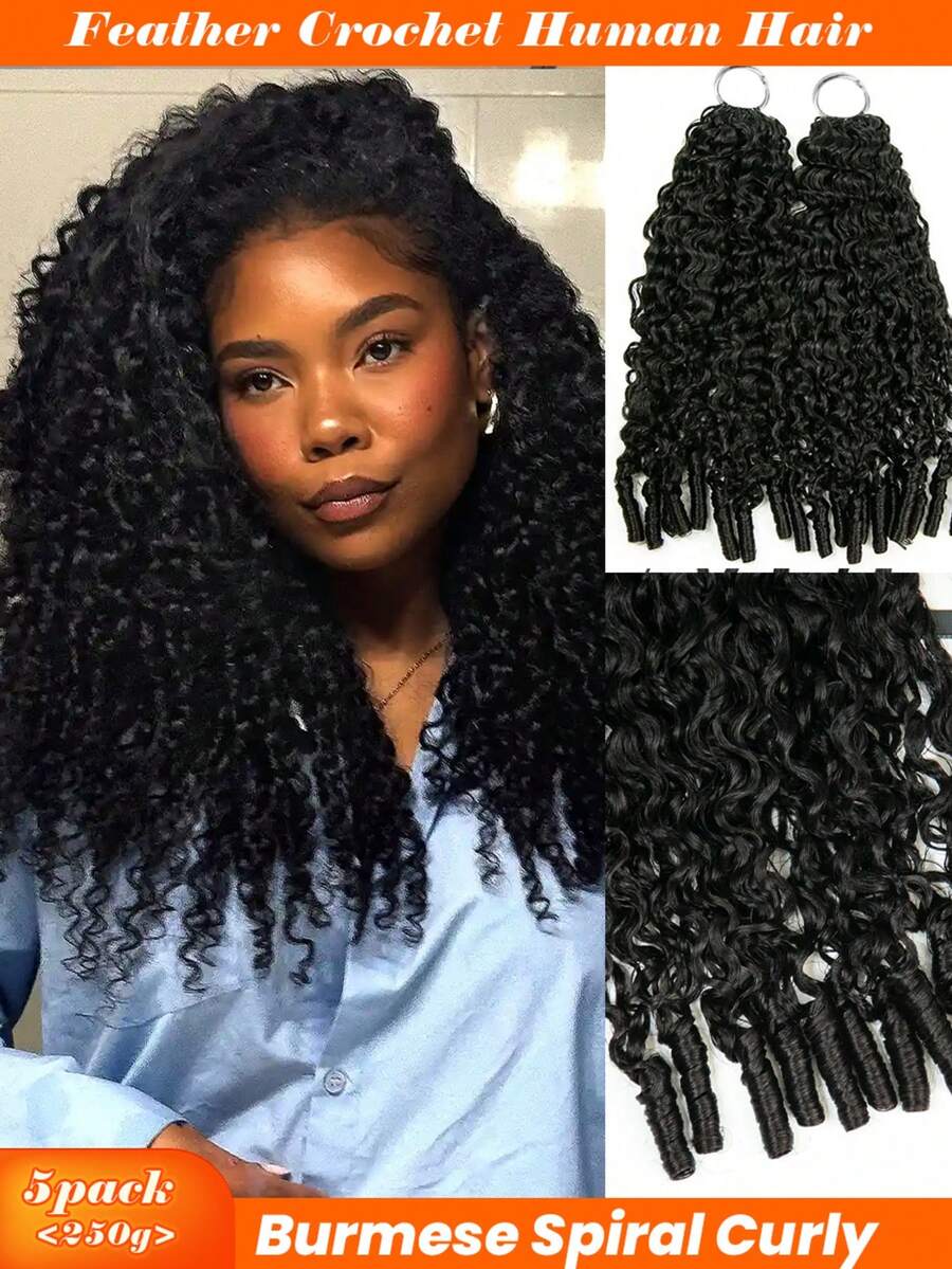 5Packs/250g 3rd-Generation Burmese Curly With Coily End Crochet Feather Human Extension Crochet Hair Real Human Hair Micro Pre Looped Boho Burmese Spiral Curly Crochet Human Hair Extension Feather Line Seamless Invisible For Thin Hair Woman Daily Use - Natural Black - View 1