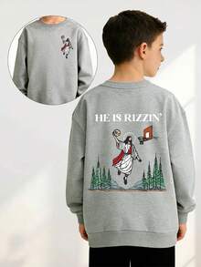 Jesus Playing Basketball Print, Crew Neck Boys' Clothing, Soft Fabric, Warm And Comfortable Long Sleeve Sweatshirt, Fashionable And Versatile, Suitable For Boys To Wear For Travel, Back To School Day, Outdoor Games And Daily Leisure, Ideal For Autumn And Winter Seasons - Grey - View 7