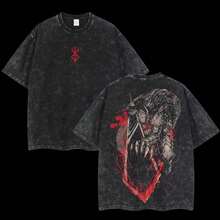 Super Value Hot  T-Shirt Retro Vintage Limited Black Swordsman Guts -  Anime Double Printed Oversized Washed Tee Unisex Oversize Anime Manga Acid Washed Lightweight Cotton T-Shirt, Hoodies & Sweater Wash Gift For Anime Fan, Anime Lover Suitable Gift For Fans SL0081 - 黑色 - 查看 1