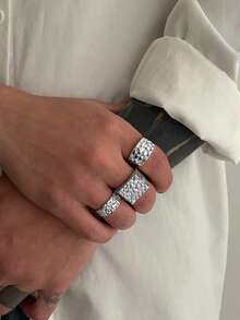 3件套复古摇滚嘻哈风方形纹理金属宽戒圈套装，朋克设计，适合街头风、度假、派对、婚礼、日常佩戴，男女皆宜的礼物 - 戒指 - 查看 4