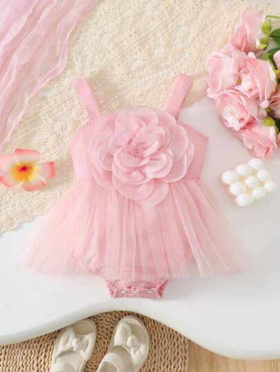 1pc Baby Girl Casual Chic Sweet Cute Pink Woven Sling Floral Decor Mesh Bodysuit, Summer