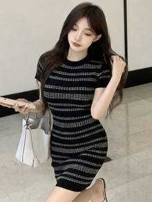 New Striped Knit Midi Dress For Women, Fitted Bodycon Style, Spring/Summer - Black Background With White Stripes - View 4