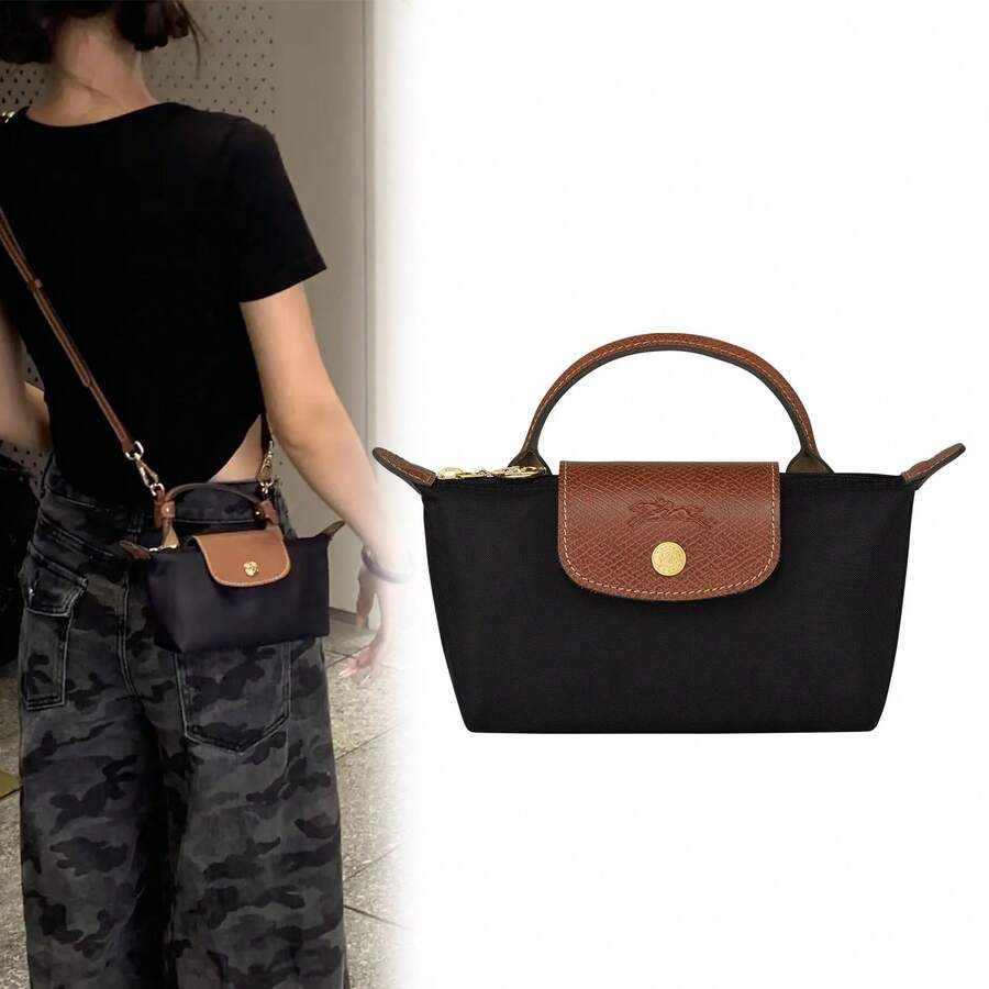 Long champ Bolso Mini Asa Beige Tote Pliage Bolsa Long champ Negro Liso Oro Marrón - Negro - Ver 1