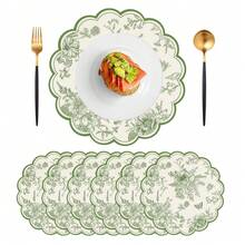 1pc/Set Green Floral Linen Round Placemat, 38cm, Seasonal Kitchen Dining Table Decor Mat, Spring Home Decor, Spring, Wedding Home Decoration - Multicolor - View 6